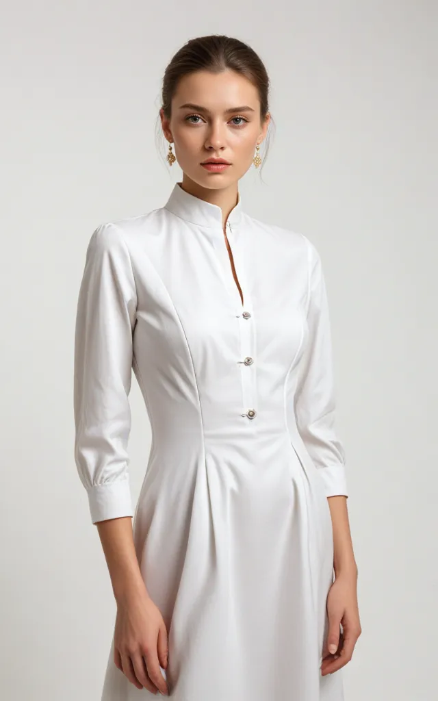 A European female model wearing a dress with a Mandarin collar, white background, bust portrait